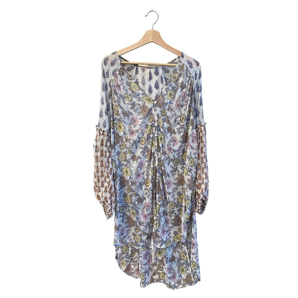 Free People Floral Medallion V-Neck Balloon Sleeve High-Low Tunic Top M